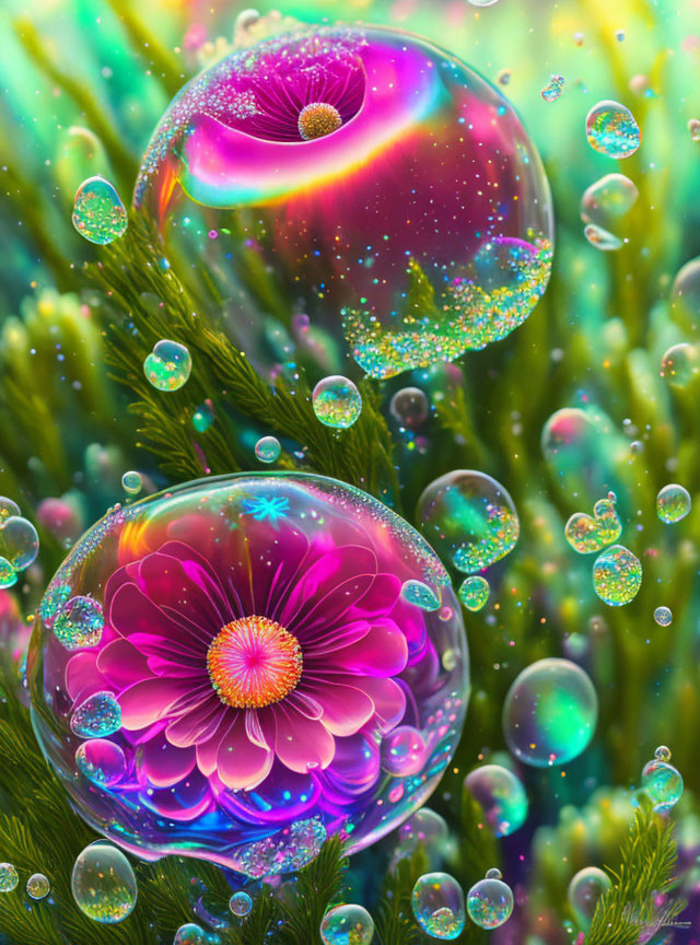 Colorful digital artwork: Translucent bubbles with flower-like structures in a green field.