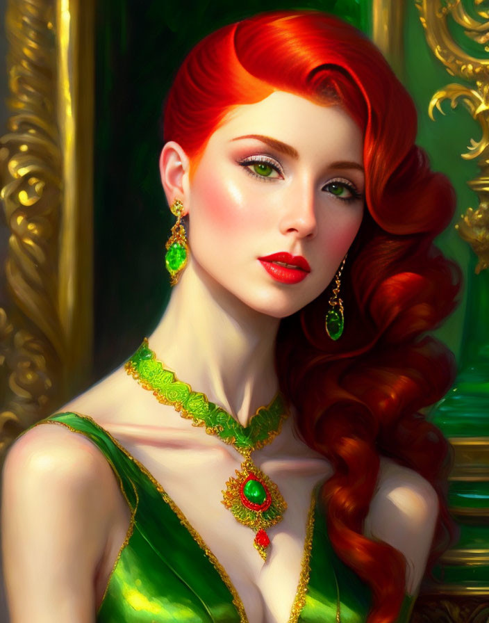 Vibrant red-haired woman in green dress with gold and emerald jewelry