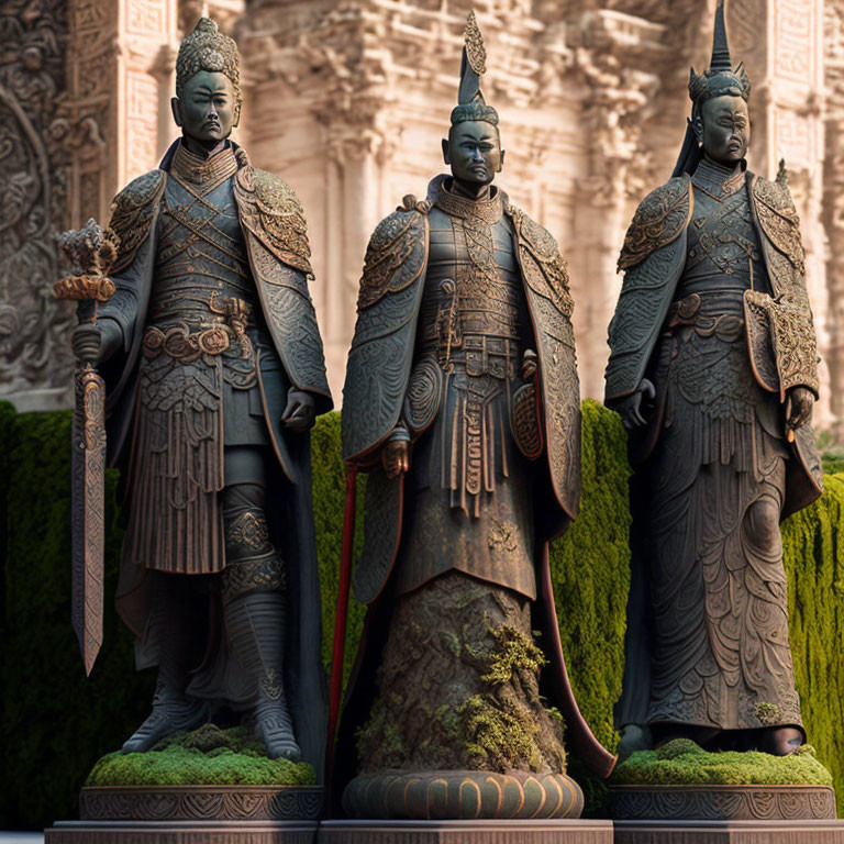 Three Ancient Warrior Statues in Traditional Armor with Weapons and Ornate Carvings