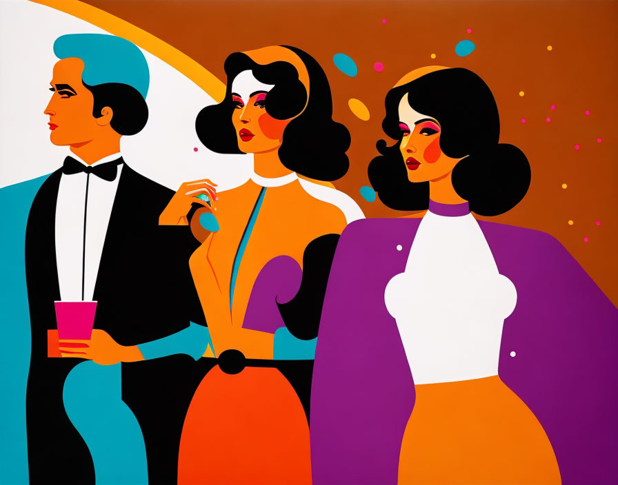 Abstract retro party scene with stylized figures and bold colors