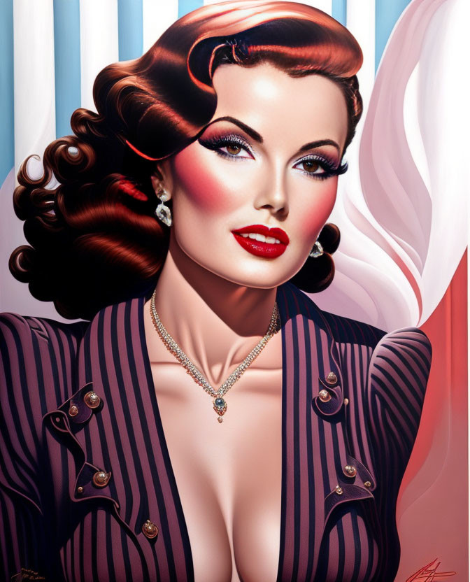 Stylized portrait of woman with wavy brown hair and red lipstick