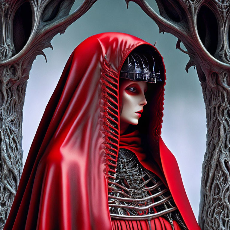 Futuristic figure in red cloak with metallic headpiece between gnarled trees