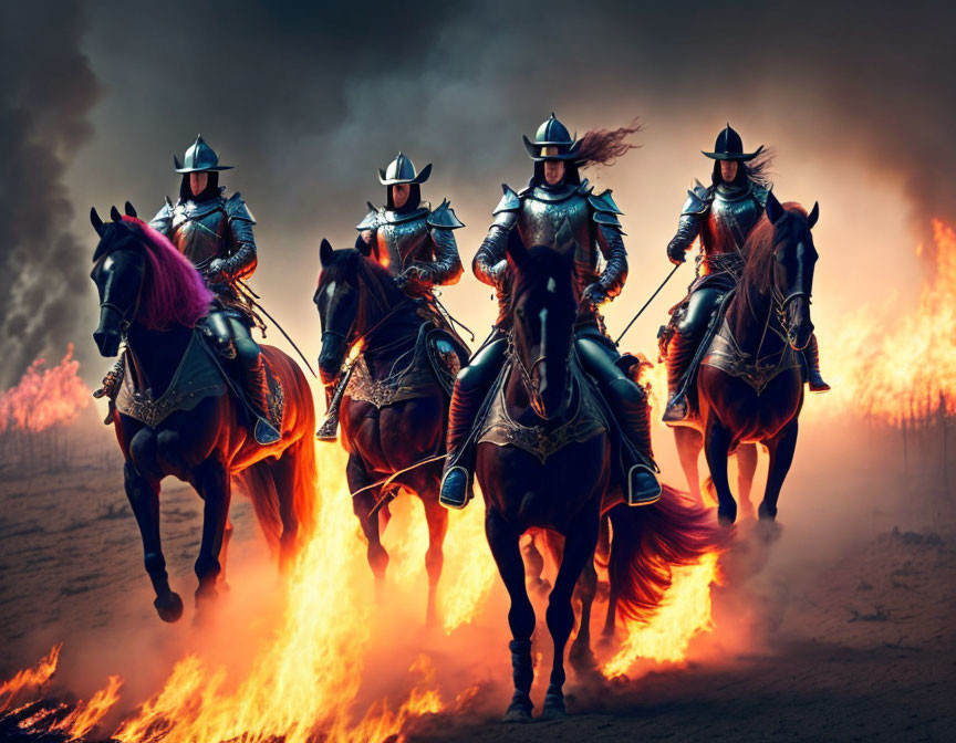 Four armored knights on horseback charging through flames on a smoky battlefield