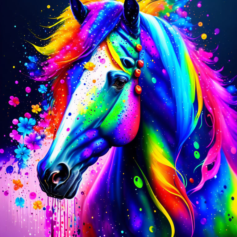 Colorful Unicorn Digital Artwork with Rainbow Mane and Floral Background