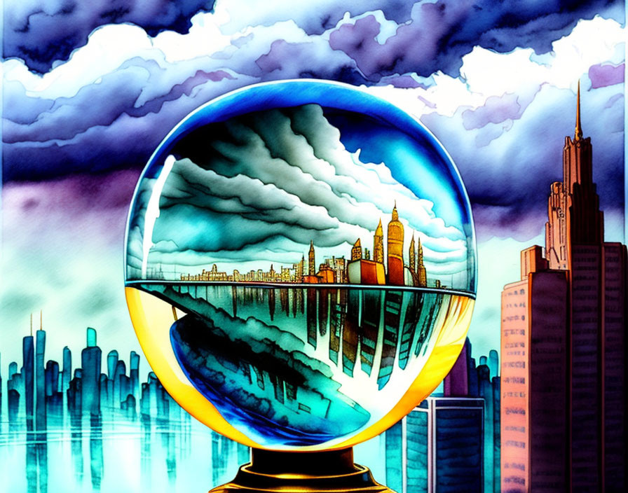 Cityscape reflected in crystal ball with dramatic sky & urban skyline