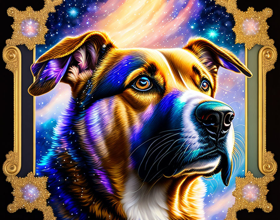 Colorful Dog Artwork with Galaxy Fur Pattern and Golden Frames