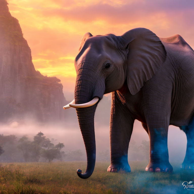 Elephant in serene landscape with mist, greenery, and mountains at dawn