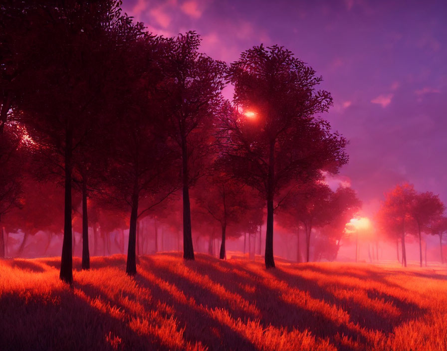 Tranquil field at dusk with purple and orange sky.