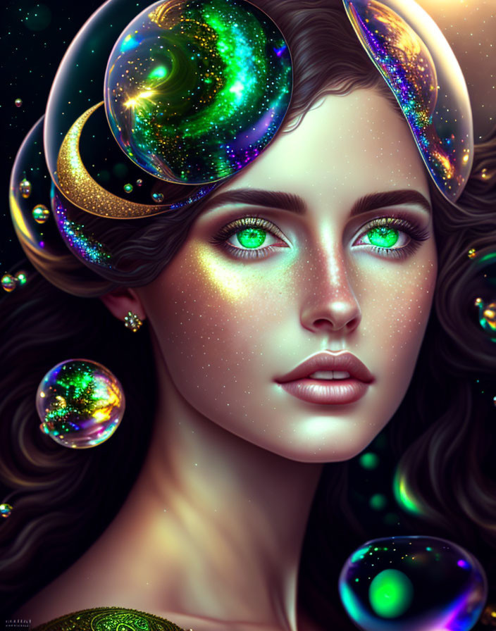 Cosmic-themed digital art portrait of a woman with green eyes