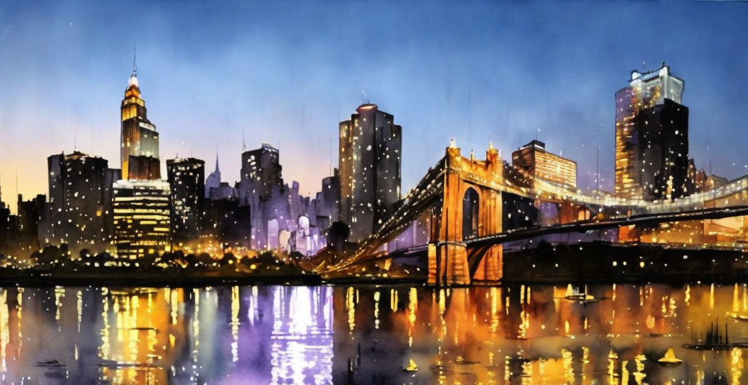 City skyline watercolor painting at dusk with illuminated buildings and bridge reflection