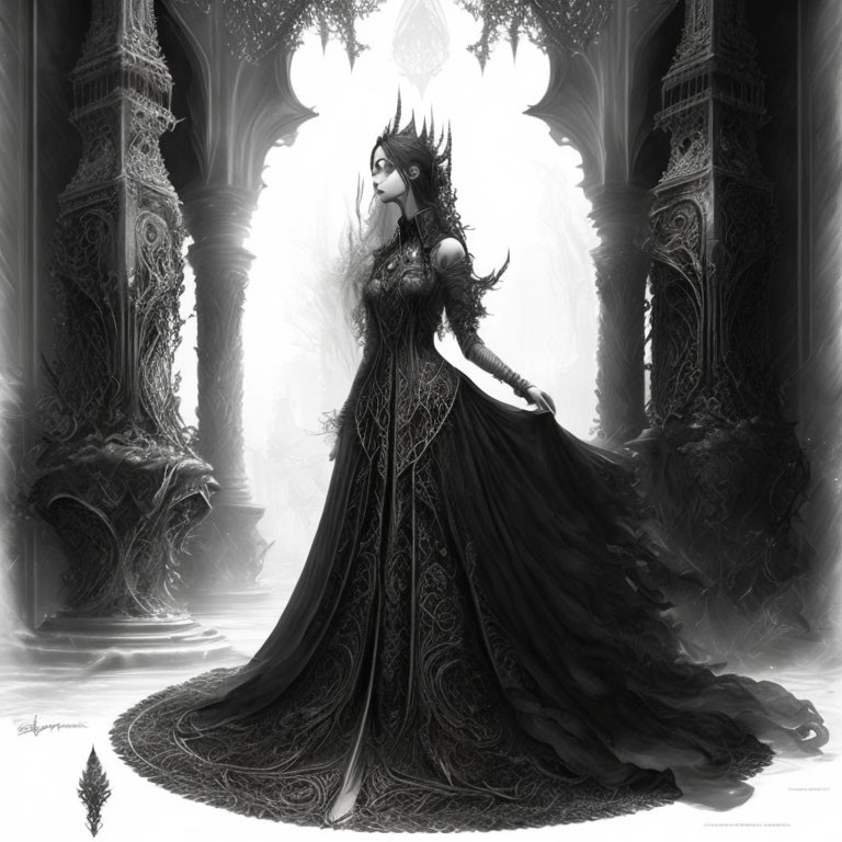 Gothic monochromatic image: Woman in regal black gown with horned headdress in