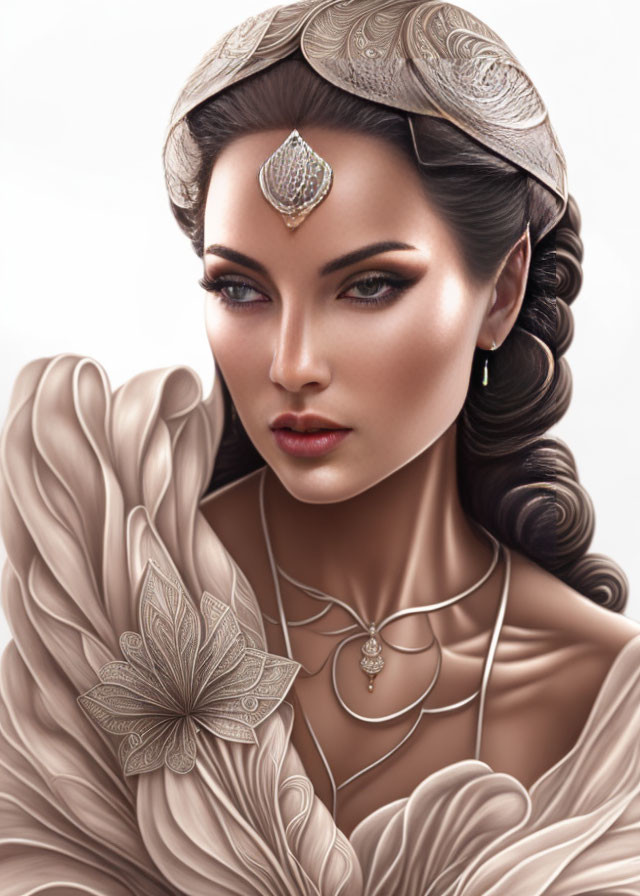 Detailed Portrait of Woman with Intricate Jewelry and Elegant Attire