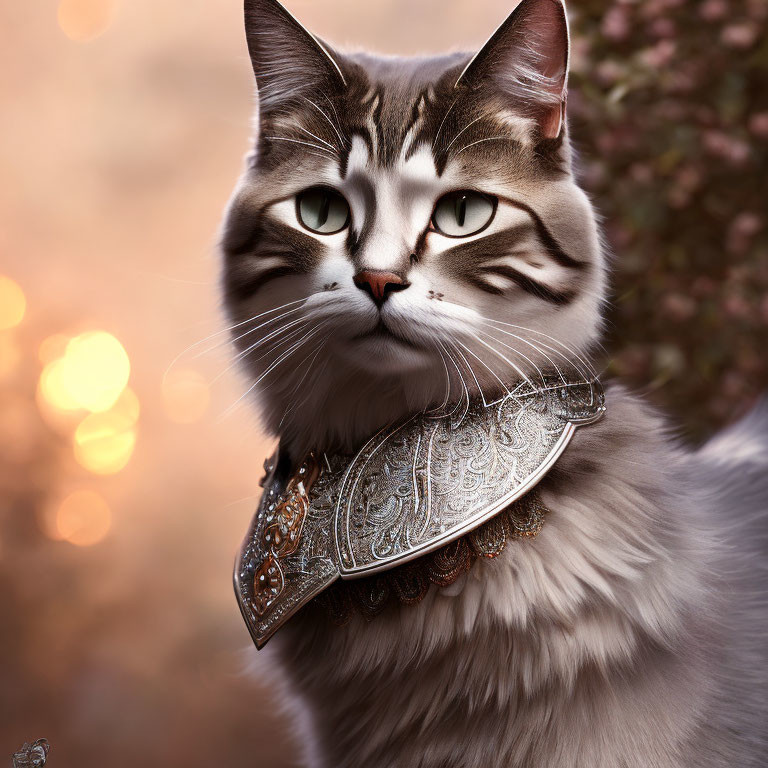 Digital Artwork: Cat with Green Human-Like Eyes and Metallic Shoulder Armor