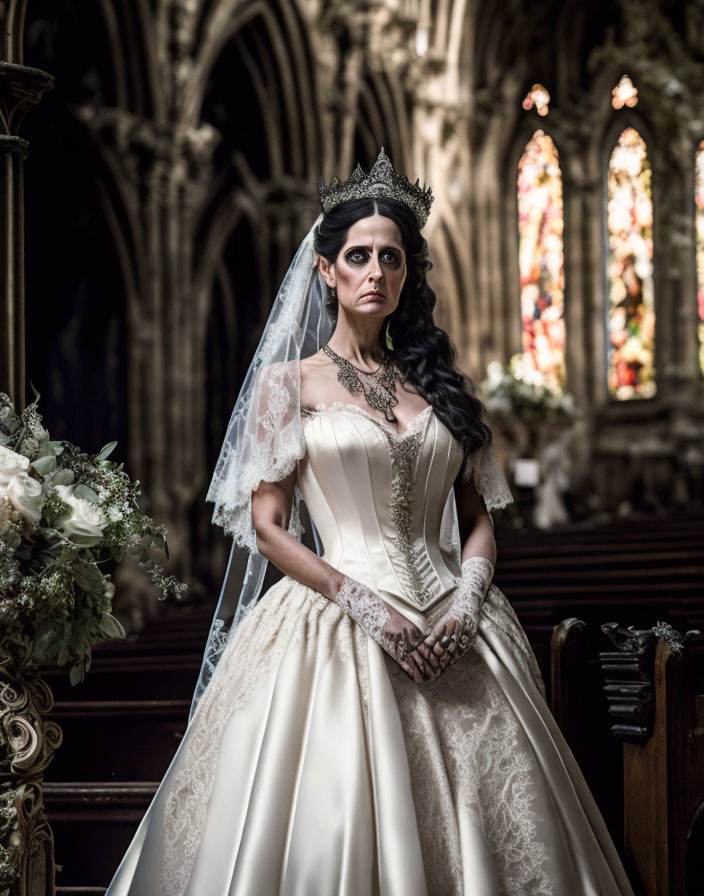 Gothic-style bride in cathedral with stained glass windows