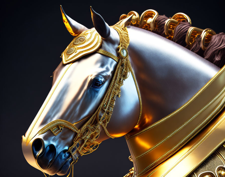 Shiny metallic horse sculpture with golden bridle on dark background