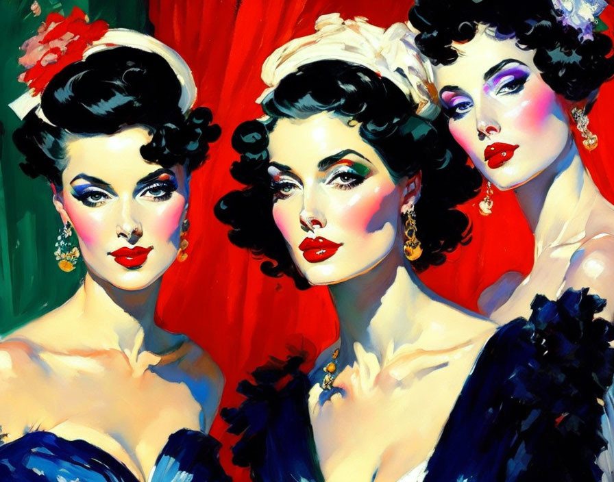 Vintage Hairstyles and Makeup on Three Glamorous Women in Colorful Painting