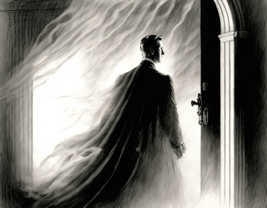 Monochrome illustration of man in cape at open door with swirling light.