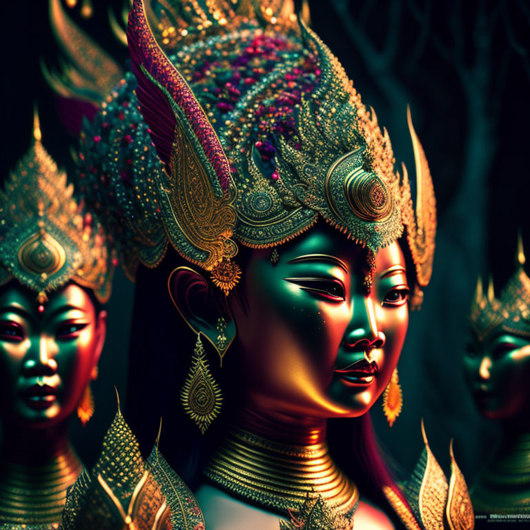 Golden statues with ornate headgear in serene poses on dark background