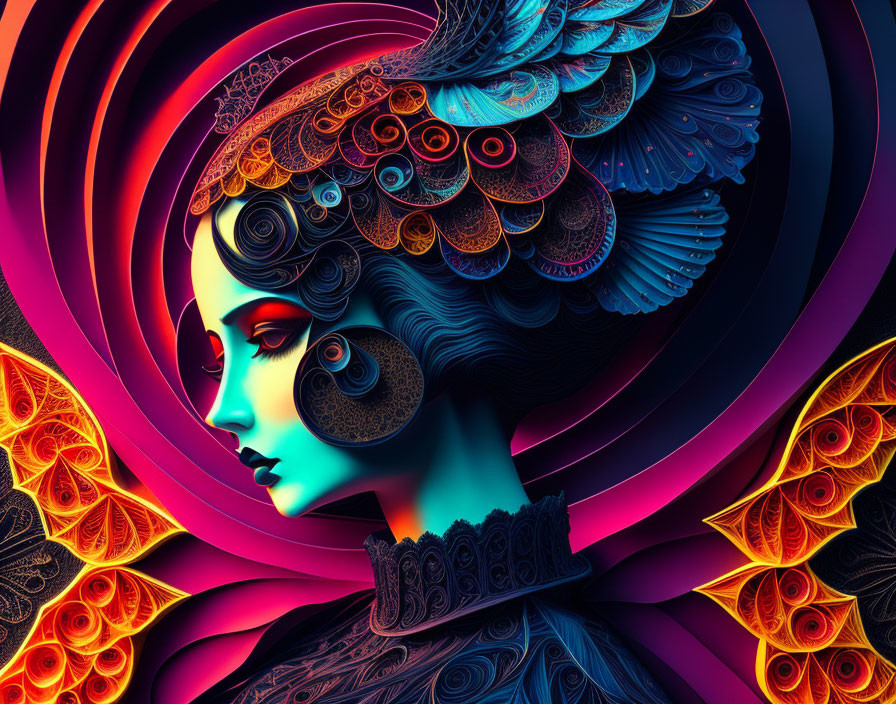 Colorful digital artwork featuring woman profile with intricate hair and clothing details, surrounded by butterflies and concentric