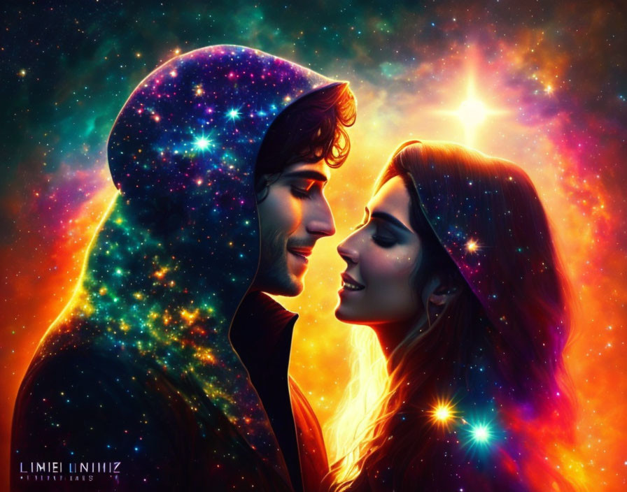 Profile view digital artwork of man and woman in cosmic background