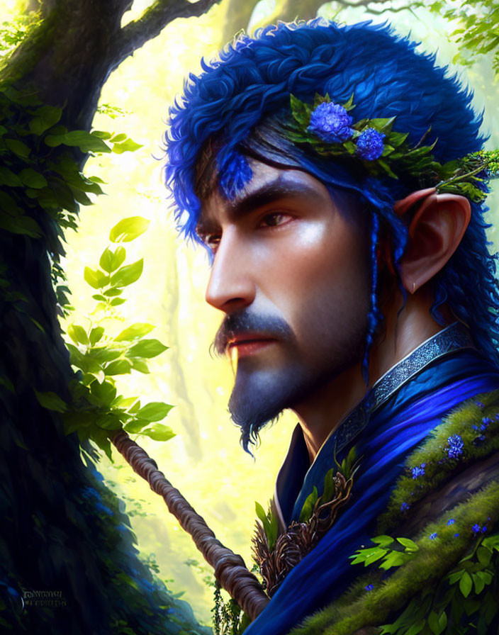 Fantasy portrait of elf with blue feathered headwear and intricate ear jewelry in lush forest.