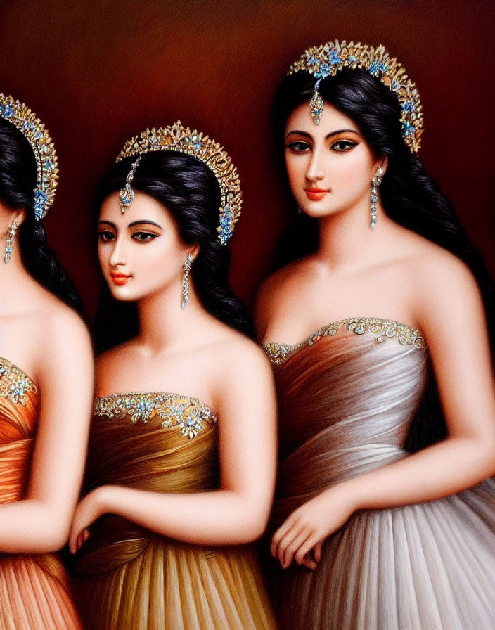 Three elegant women with intricate jewelry and striking eyes in traditional headpieces against warm, blurry background