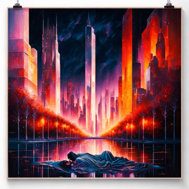 Futuristic cityscape painting with skyscrapers and figure under red sky