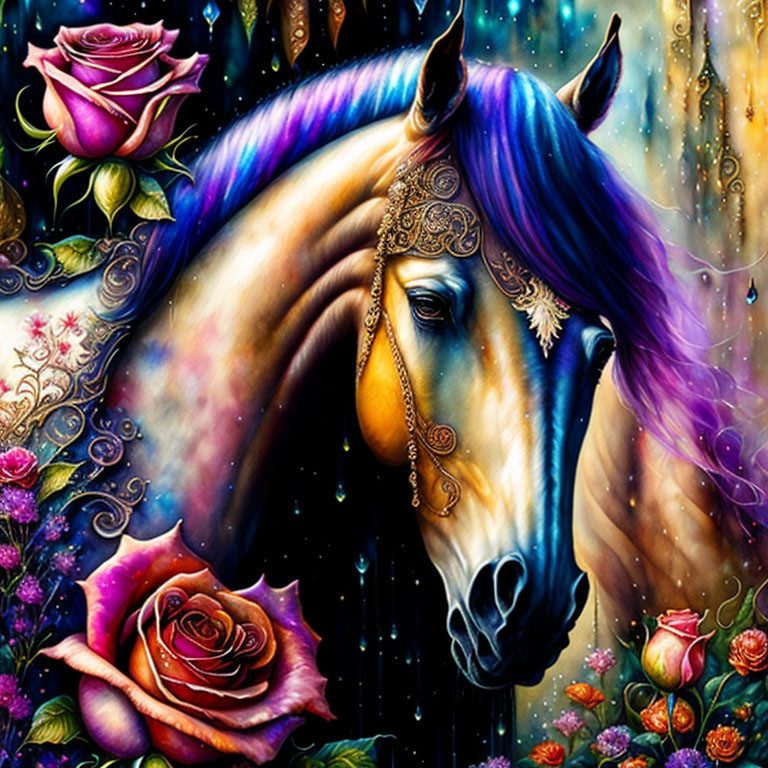 Vivid horse illustration with ornate headgear and flowers on mystical background