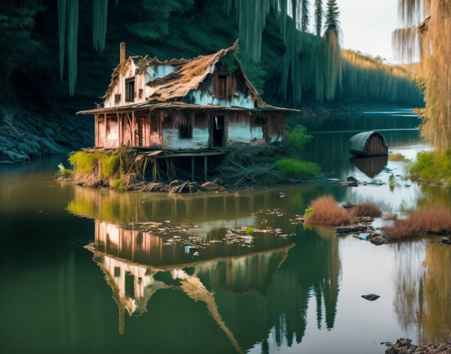 Abandoned house with thatched roof on small island, reflected in water, boat, lush greenery