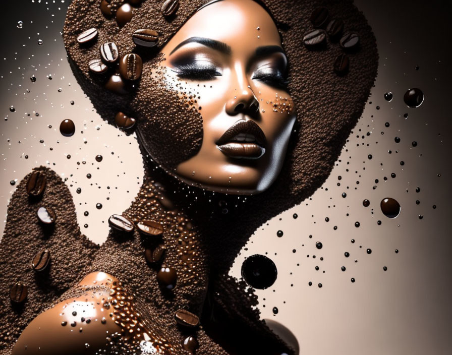 Conceptual art: Woman's face in liquid chocolate with coffee beans and droplets