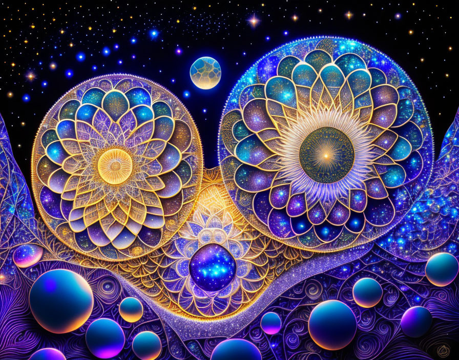 Intricate Mandala Patterns with Glowing Orbs and Cosmic Background