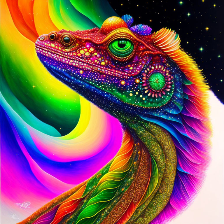 Colorful lizard illustration with intricate patterns on a space-themed rainbow background