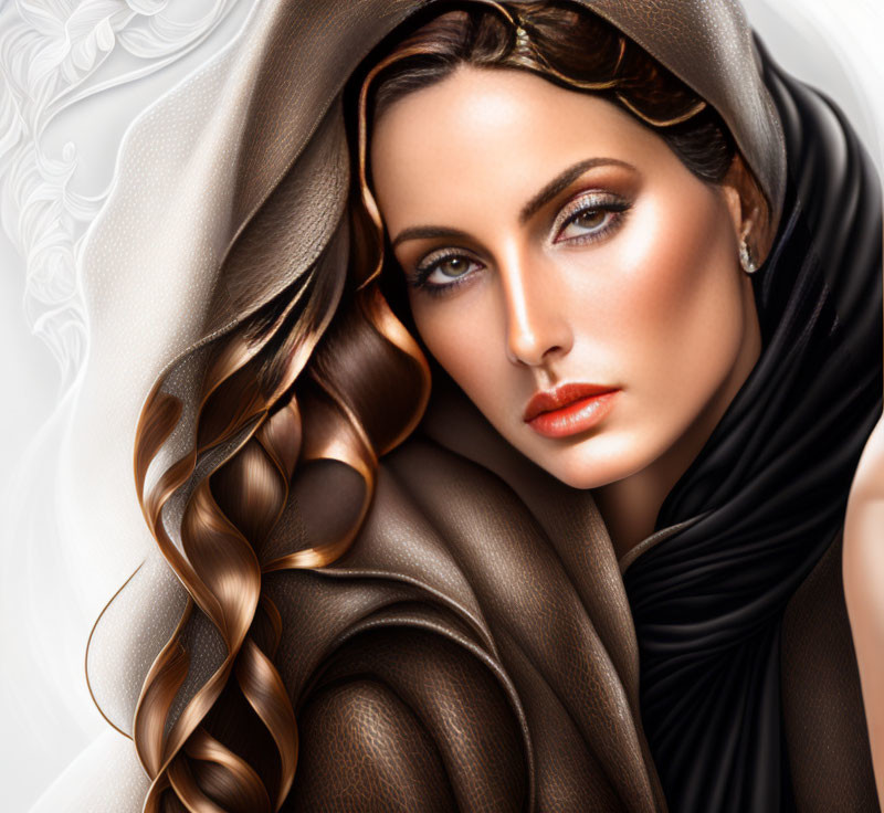 Striking digital portrait of a woman with braided hairstyle and brown headwrap