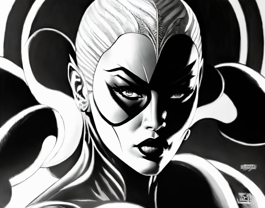 Monochrome comic art of a fierce female character