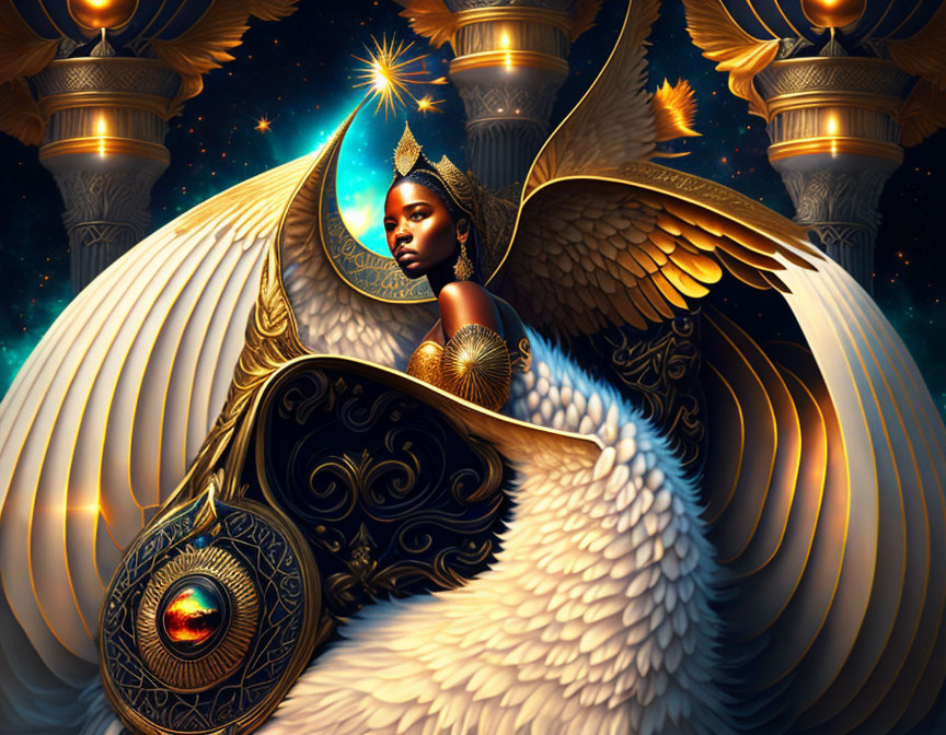 Golden armored winged character with shield in starry night setting