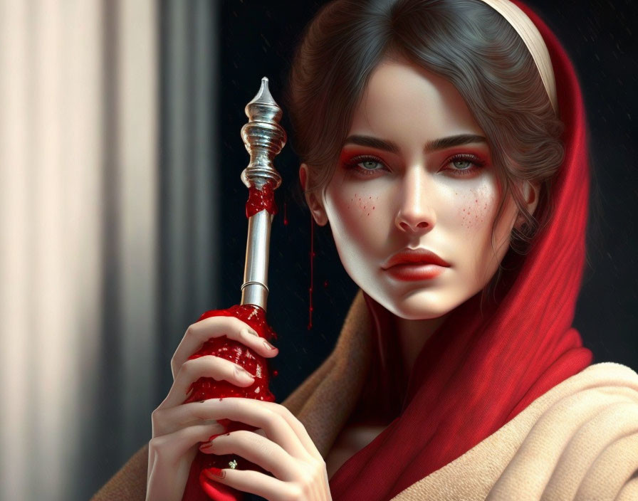 Woman with Blue Eyes and Red Cloak Holding Dagger in Thoughtful Pose