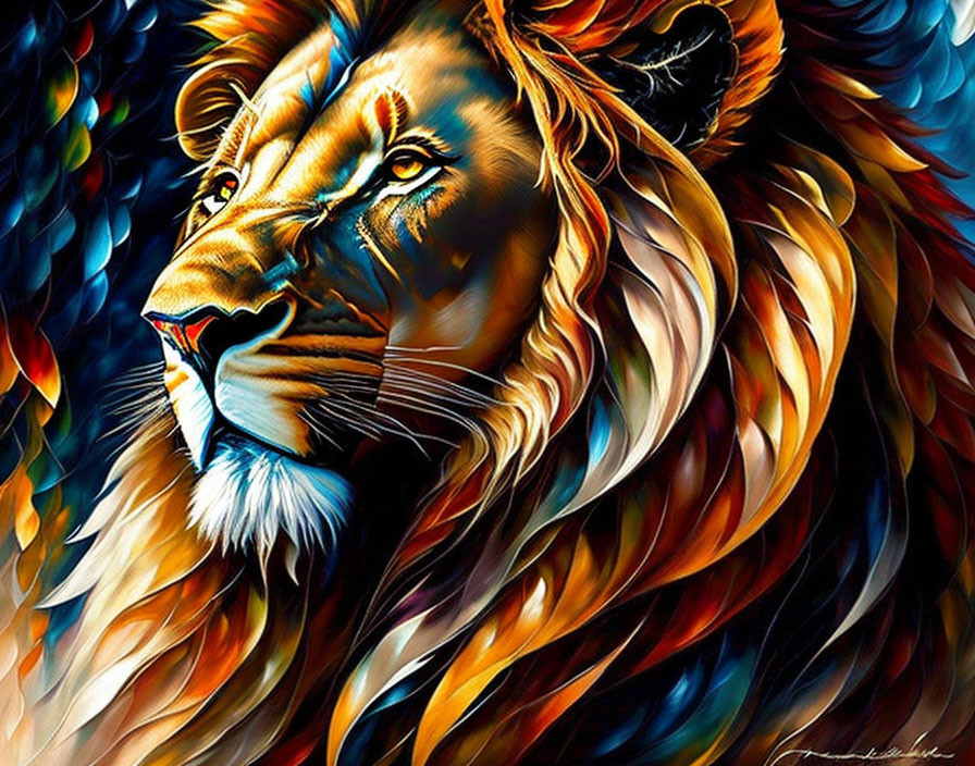 Colorful Lion Head Painting with Dynamic Blue, Orange, and Yellow Strokes