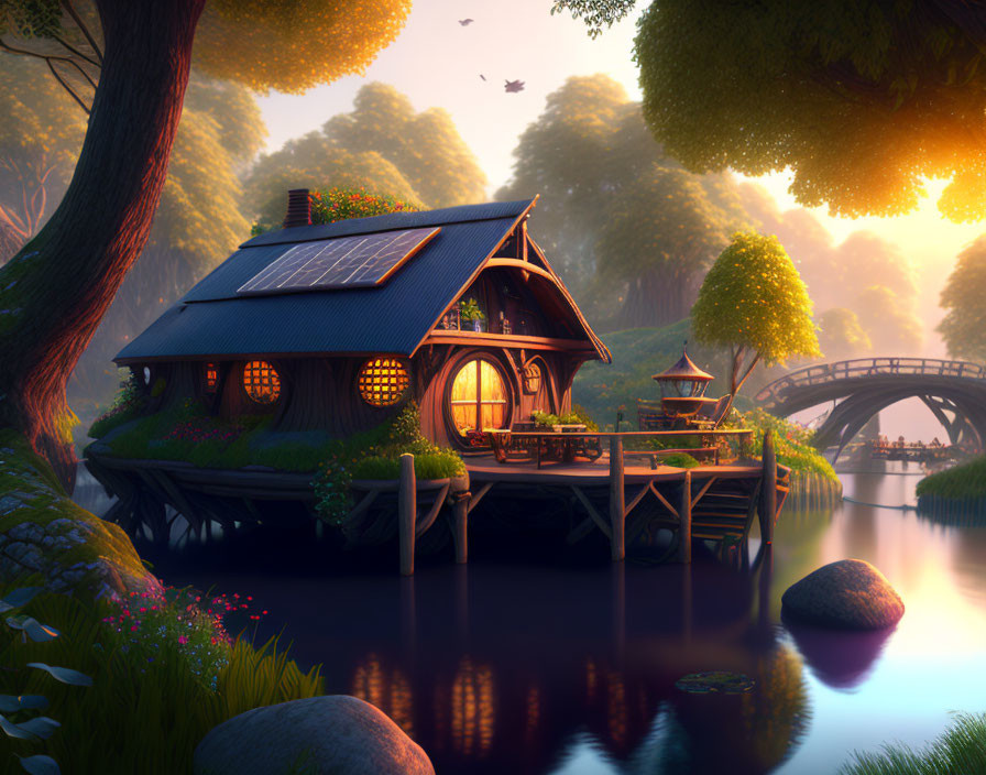 Thatched Roof Cottage with Solar Panels by River at Sunset