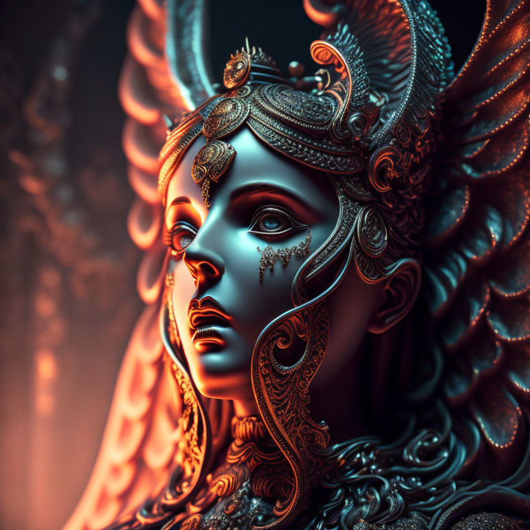 Stylized digital artwork of female figure with metallic headdress & intricate facial ornaments