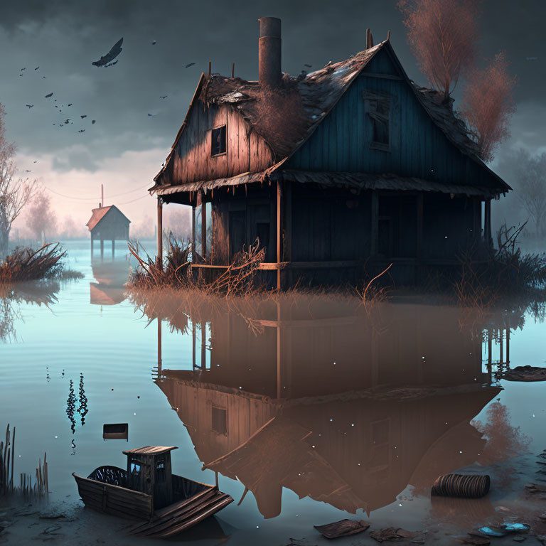 Desolate abandoned house by foggy waterbody at dusk