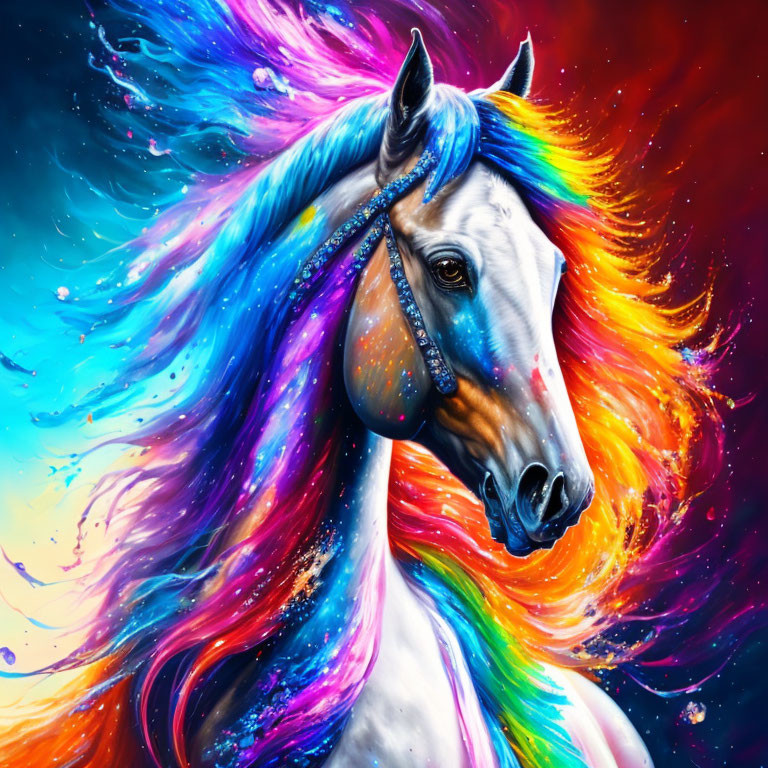 Colorful White Unicorn Painting with Cosmic Background