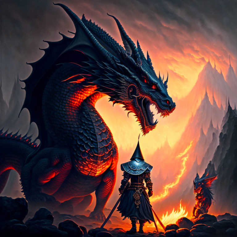 Knight confronts dragon in volcanic landscape with mountains & creature