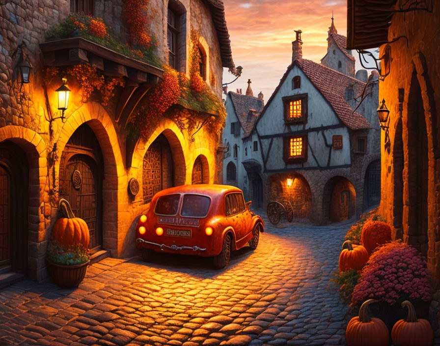 Charming cobblestone street at twilight with pumpkins, vintage car, ivy walls, and