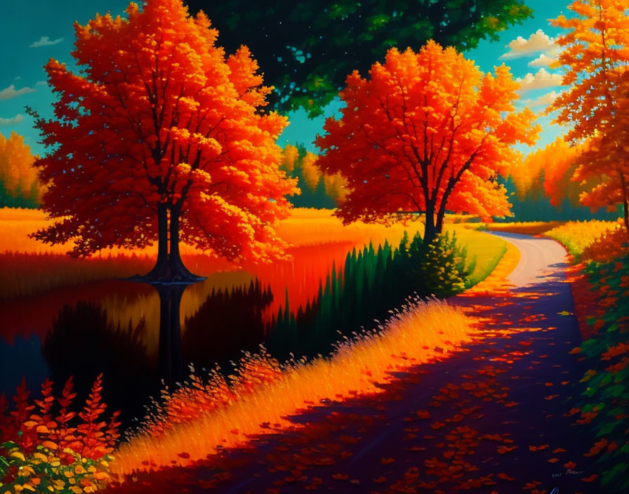 Colorful autumn landscape with orange and red trees and winding path under blue sky