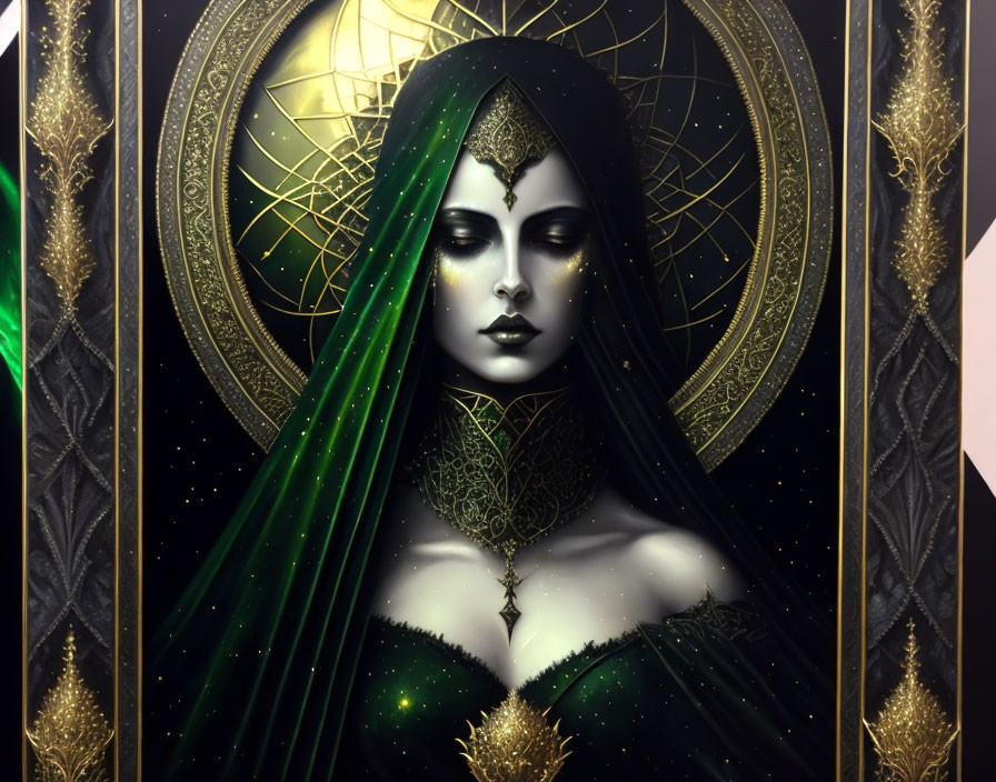 Woman in Green Veil with Celestial Symbols in Decorative Frame