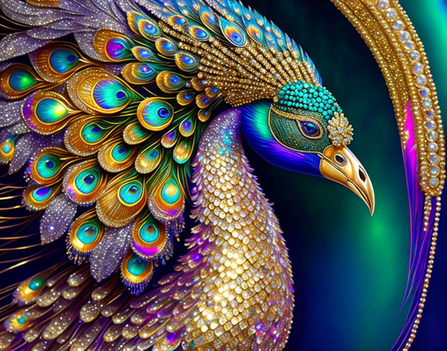 Colorful digital artwork: Peacock with intricate patterns & vibrant feathers in gold & iridescent blue