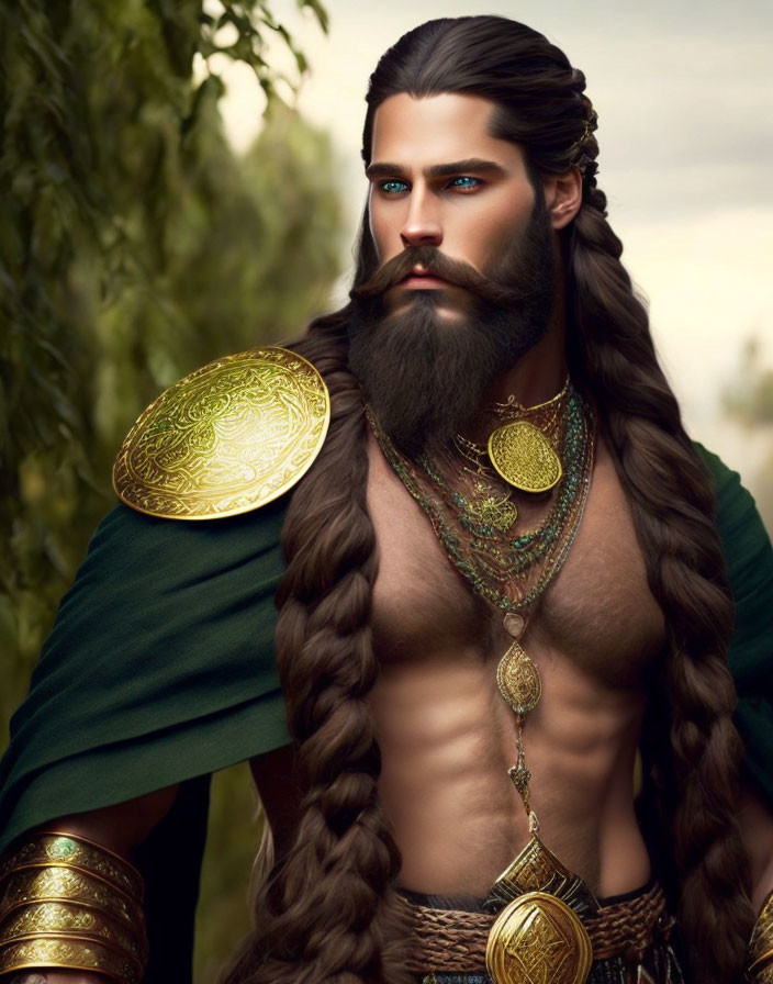 Muscular man with braided hair in golden armor and jewelry