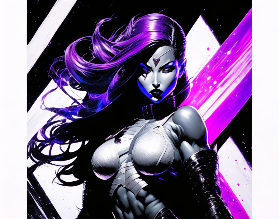 Purple-haired female superhero in silver suit on dynamic background.