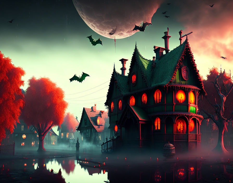 Haunted house, orange trees, bats, full moon: Spooky Halloween-themed illustration