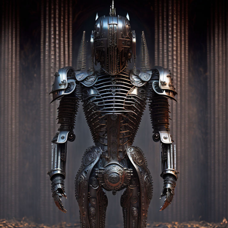 Detailed Humanoid Robot in Medieval Armor on Dark Textured Background